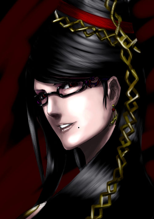 kido, mugetsu2501, bayonetta, bayonetta (series), bad id, bad pixiv id, 1girl, beehive hairdo, black hair, earrings, female focus, glasses, jewelry, lips, lipstick, long hair, makeup, mole, mole under mouth, nose, portrait, red eyes, solo, updo