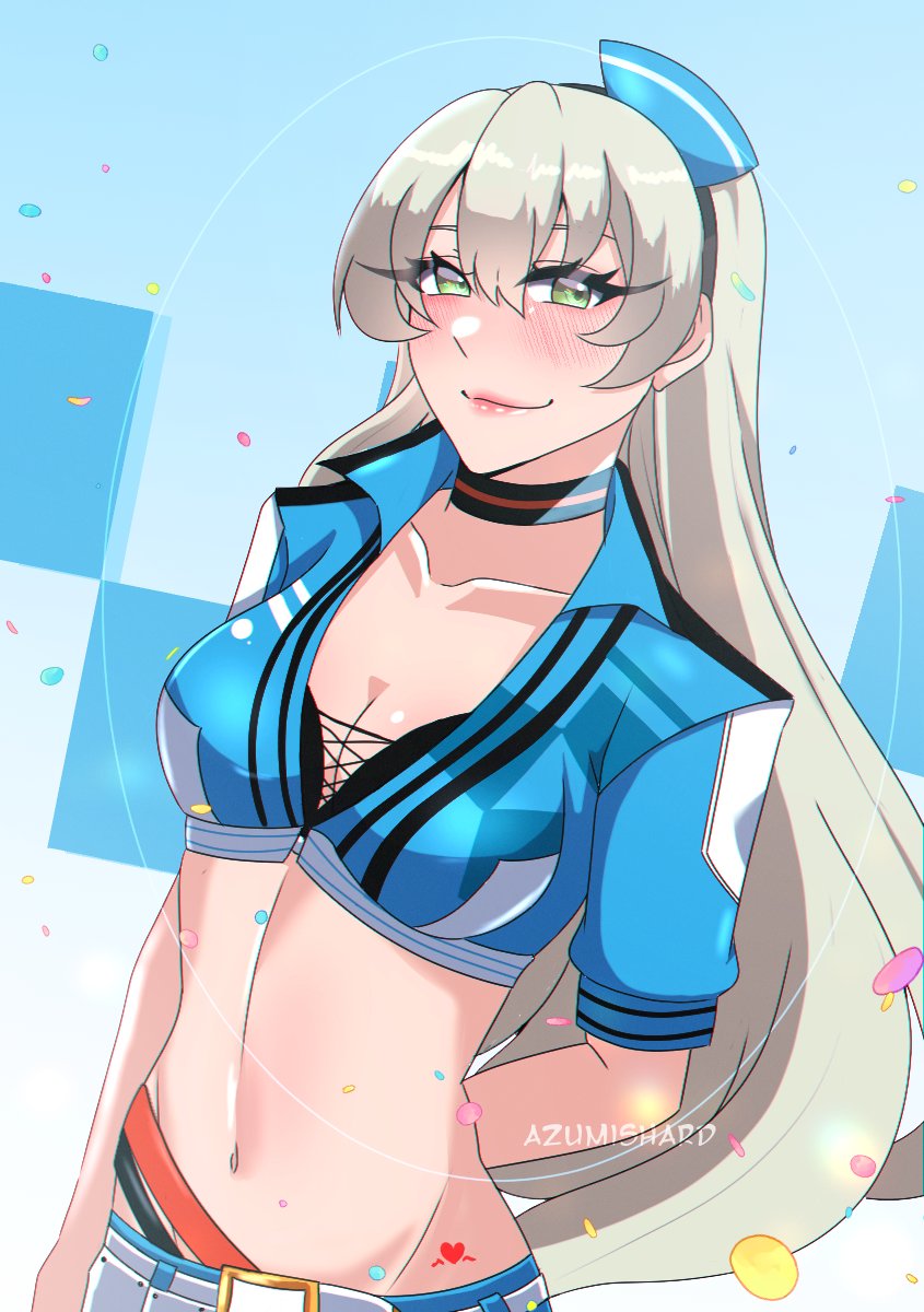 azumishard, elie macdowell, ao no kiseki, eiyuu densetsu, zero no kiseki, highres, 1girl, alternate costume, artist name, blush, breasts, cleavage, green eyes, hair between eyes, half updo, light smile, long hair, looking at viewer, simple background, stomach, white hair