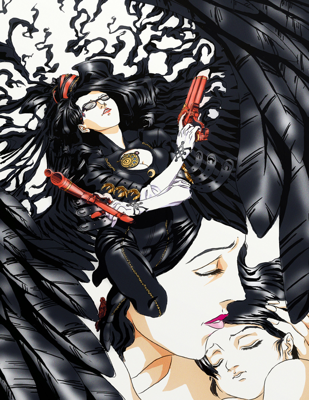 elternteil, elternteil (haven9270), bayonetta, bayonetta (series), black hair, closed eyes, glasses, gun, long hair, very long hair, weapon, wings
