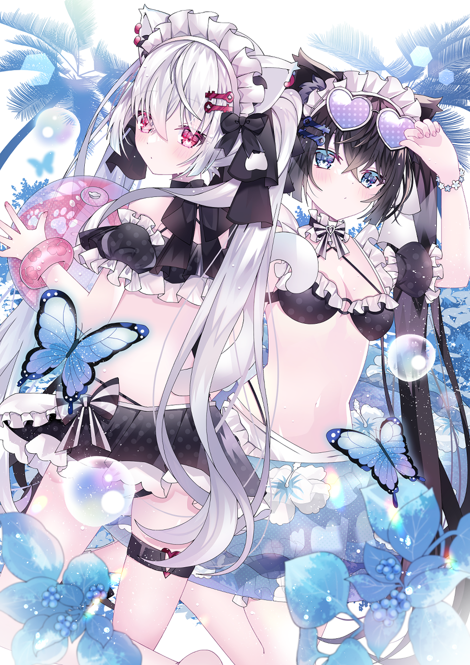 aoi yugina, original, highres, 2girls, animal ear fluff, animal ears, ass, ball, beachball, bikini, black bikini, black hair, blue eyes, blush, bow, breasts, bug, butterfly, cleavage, closed mouth, detached collar, eyewear on head, frills, hair bow, hair ornament, headdress, heart, heart-shaped eyewear, holding, holding ball, holding beachball, insect, long hair, looking at viewer, maid, maid bikini, maid headdress, medium breasts, midriff, multiple girls, navel, red eyes, stomach, sunglasses, swimsuit, thigh strap, tinted eyewear, twintails, unconventional maid, white bikini, white hair