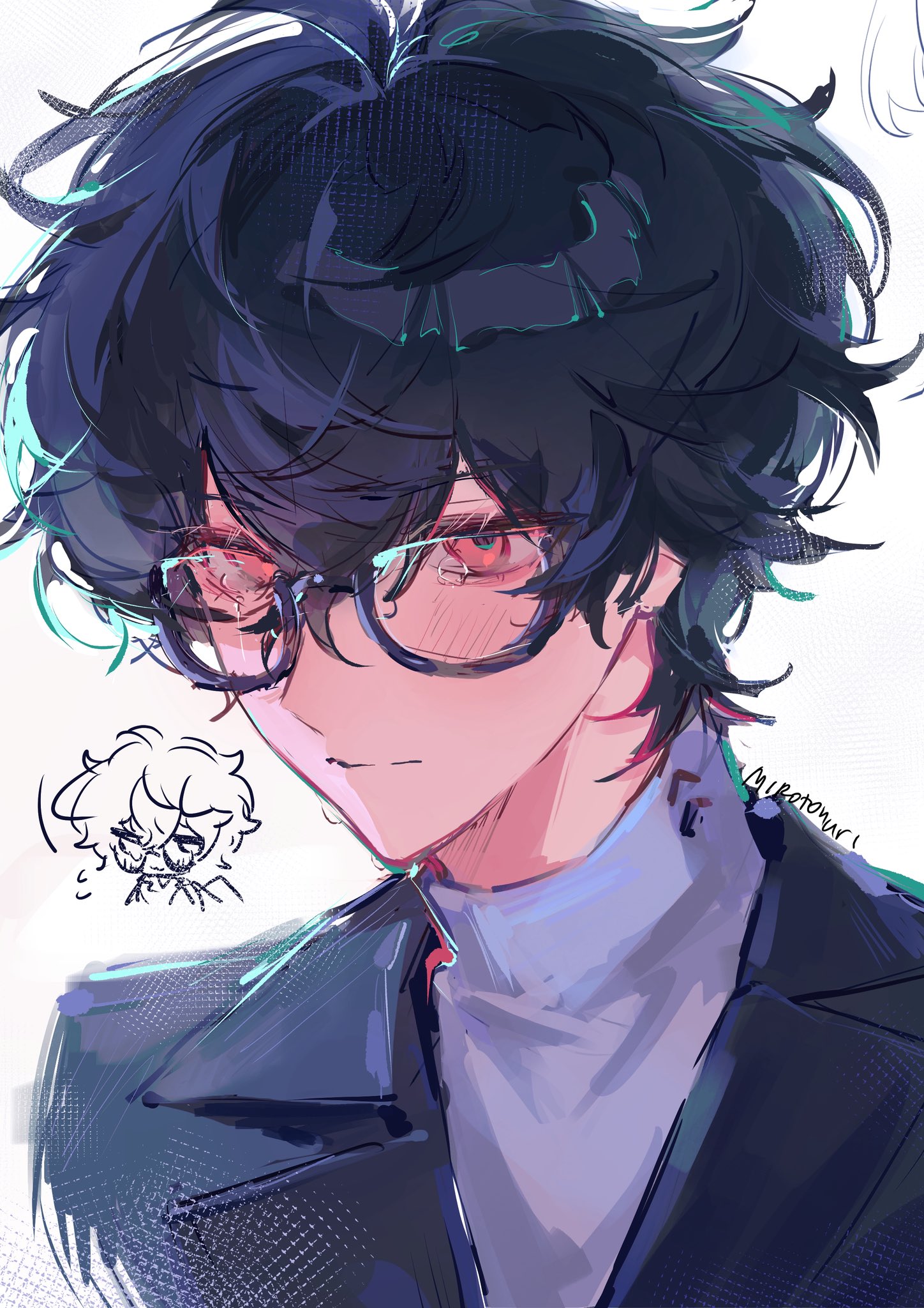 amamiya ren, persona, persona 5, commentary, highres, symbol-only commentary, 1boy, alternate eye color, artist name, black-framed eyewear, black hair, black jacket, blush, chibi, chibi inset, closed mouth, crying, crying with eyes open, glasses, hair between eyes, jacket, lapels, male focus, messy hair, mirotonuri, red eyes, shirt, short hair, sketch, tears, turtleneck, turtleneck shirt, white shirt