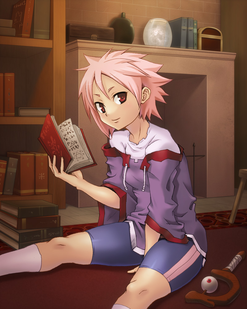 hashi, bad id, bad pixiv id, 1girl, between thighs, bike shorts, book, female focus, fireplace, looking at viewer, open book, pink hair, red eyes, shelf, shirt, short hair, sitting, smile, socks, solo, sweater