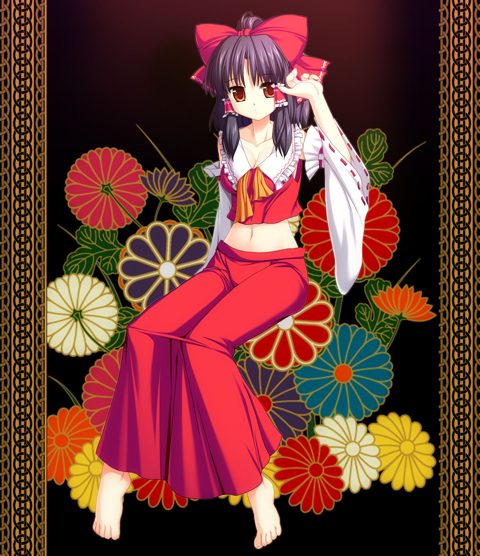 maroppe, hakurei reimu, touhou, bad id, bad pixiv id, 1girl, barefoot, bow, breasts, brown hair, chrysanthemum, cleavage, detached sleeves, female focus, flower, full body, japanese clothes, medium breasts, midriff, miko, navel, solo, yellow eyes