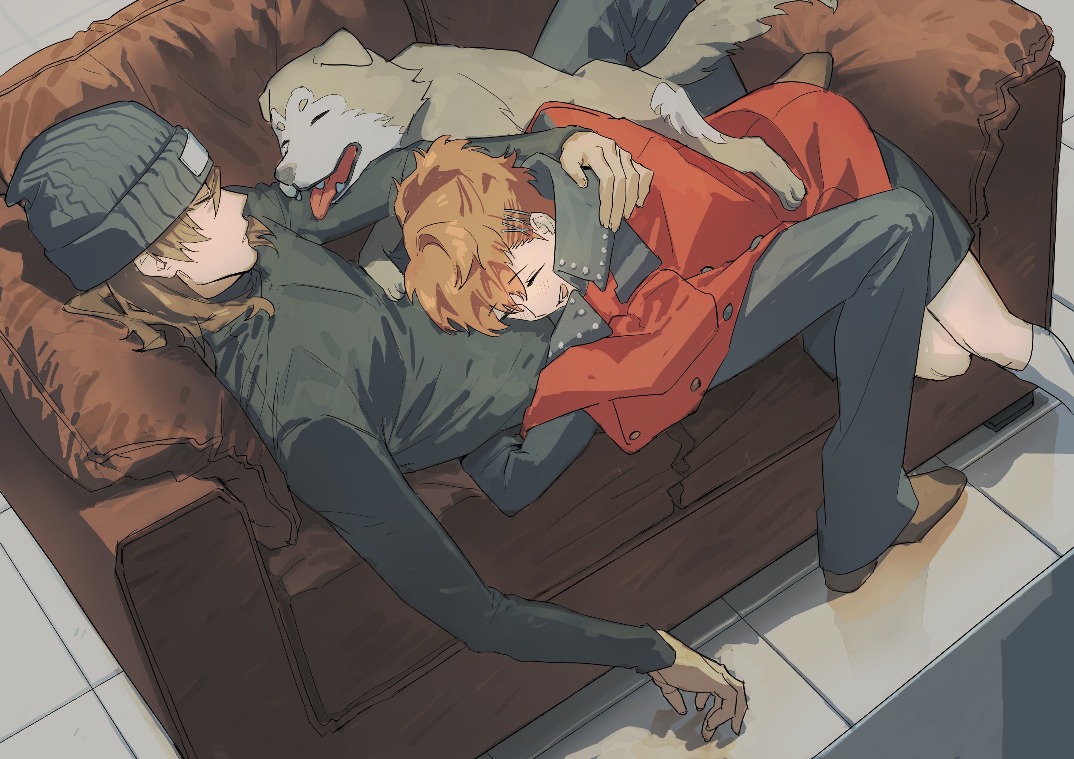 aragaki shinjirou, koromaru (persona), shiomi kotone, persona, persona 3, persona 3 portable, absurdres, hashtag-only commentary, highres, 1boy, 1girl, animal, beanie, black hat, black pants, black sweater, blush, borrowed clothes, brown hair, brown shoes, closed eyes, clothes blanket, coat, couch, dog, fangs, hair ornament, hairclip, hat, heart, hetero, hug, kneehighs, long sleeves, neponeponepo0, on couch, open mouth, pants, reclining, shoes, sleeping, socks, sweater, tongue, unworn coat