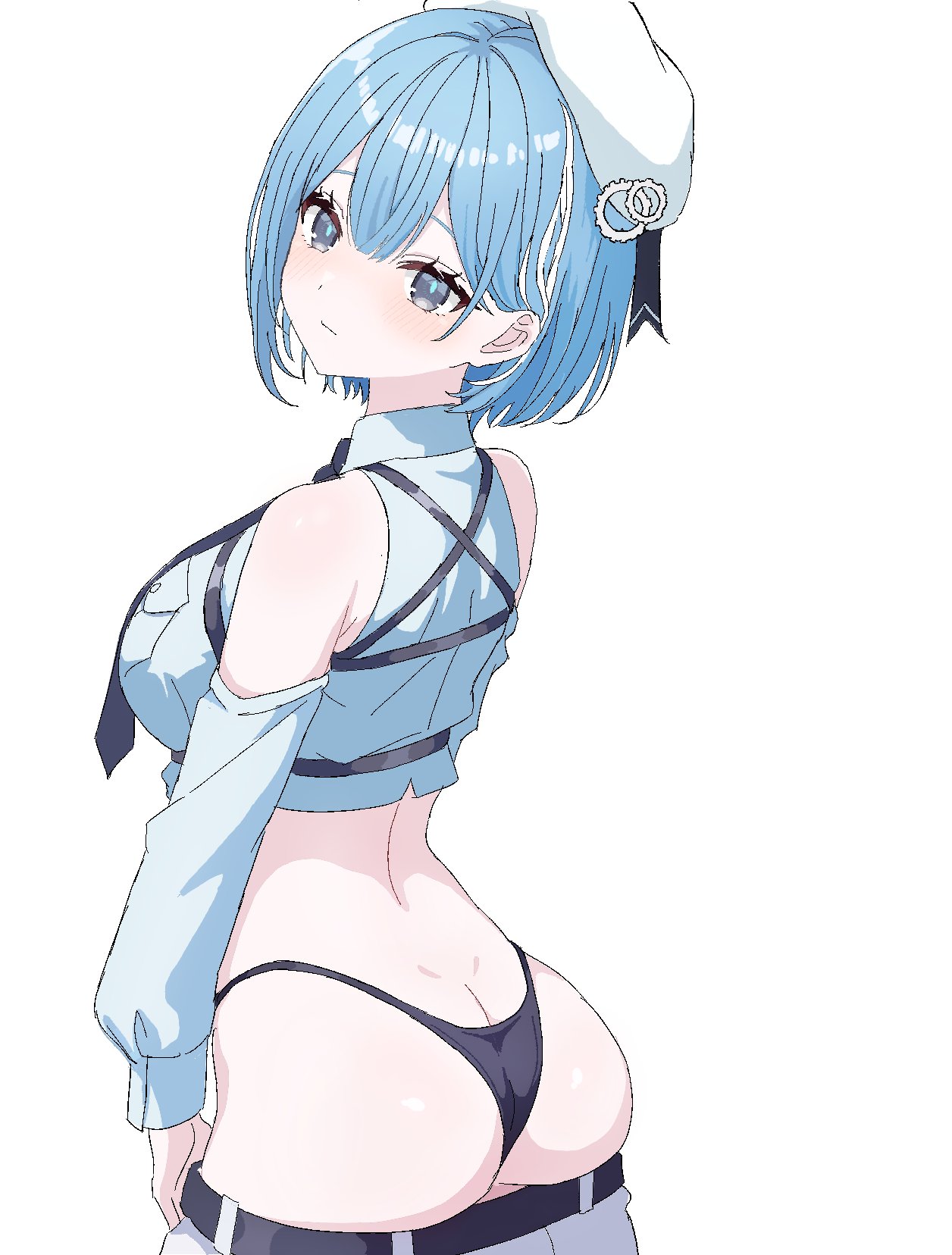 yamaoka remu, toono oto, varium, highres, 1girl, ass, bare shoulders, belt, beret, black belt, black necktie, black panties, blue hair, blue pupils, blue shirt, blush, breast pocket, breasts, butt crack, chest harness, closed mouth, clothes pull, collared shirt, cropped shirt, detached sleeves, dimples of venus, gears, grey eyes, harness, hat, highleg, highleg panties, looking at viewer, looking back, medium breasts, multicolored hair, necktie, panties, pocket, presenting, presenting ass, shirt, short hair, simple background, skirt, skirt pull, solo, streaked hair, thong, underbust, underwear, virtual youtuber, white background, white hair, white hat, white skirt