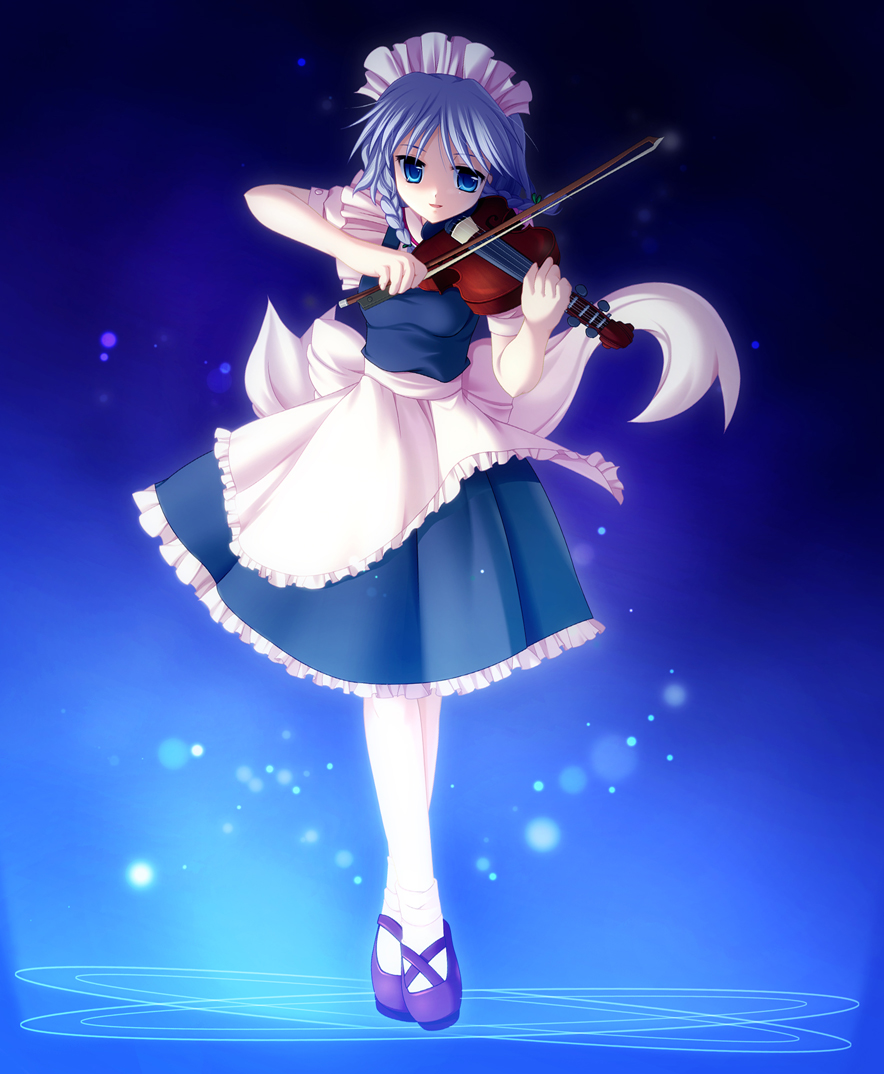 maroppe, izayoi sakuya, touhou, silver hair, bad id, bad pixiv id, 1girl, blue eyes, braid, female focus, full body, gradient background, instrument, maid, short hair, solo, twin braids, violin