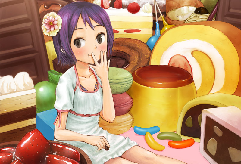 hashi, blush, cake, candy, chocolate, eating, flat chest, flower, food, fruit, purple hair, sitting, skirt, strawberry, sweets