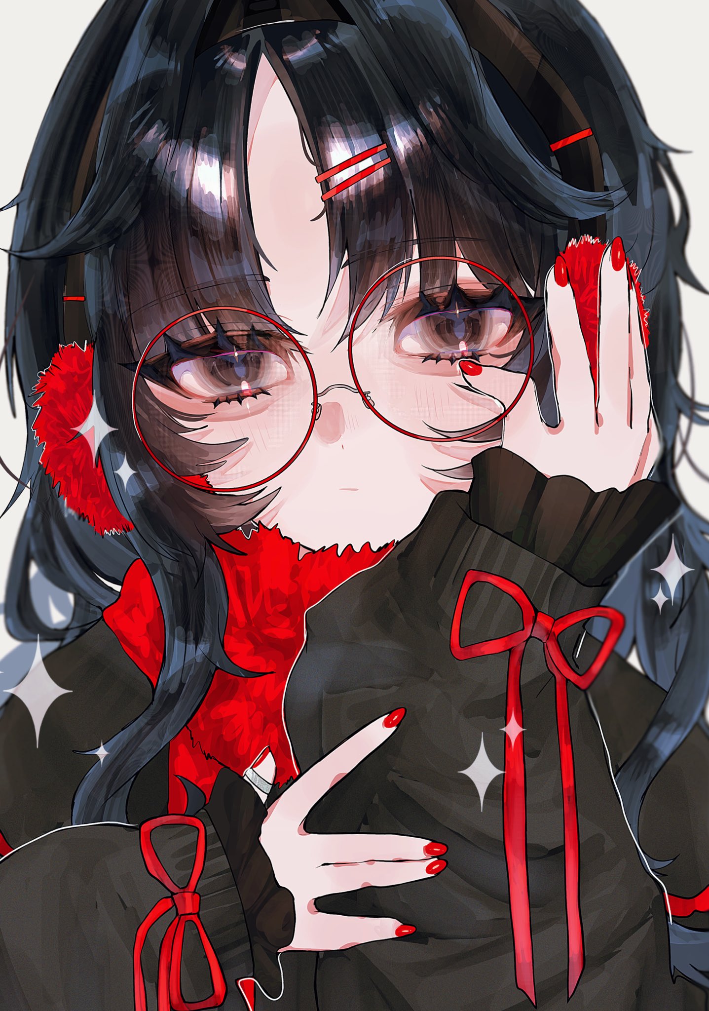 oubaisameko 181, original, commentary, highres, 1girl, black eyes, black hair, black sweater, close-up, earmuffs, eyelashes, hair ornament, hairpin, long hair, long sleeves, looking at viewer, nail polish, parted bangs, red-framed eyewear, red nails, red ribbon, red scarf, ribbon, round eyewear, scarf, simple background, sleeve ribbon, sleeves past wrists, solo, sparkle, sweater, white background