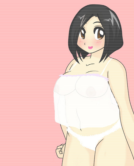 rockmace, original, black hair, breasts, brown eyes, camisole, curvy, large breasts, no bra, see-through clothes, short hair, simple background