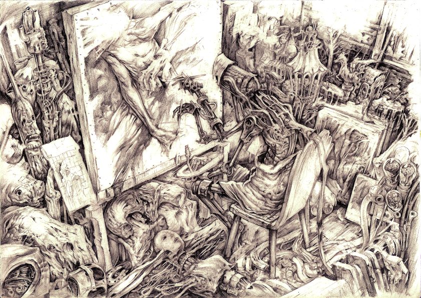 yocky, original, graphite (medium), traditional media, chair, monochrome, no humans, non-humanoid robot, painting (action), robot, sepia, sitting, steampunk, studio