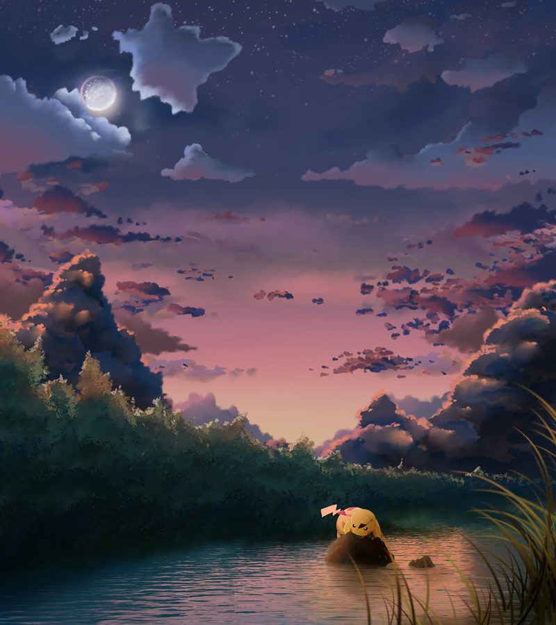 rakynet, yakkun, pikachu, nintendo, pokemon, pokemon rgby, 1990s (style), cloud, fishing, full moon, gen 1 pokemon, moon, no humans, pokemon (creature), retro artstyle, river, scenery, sunset, water