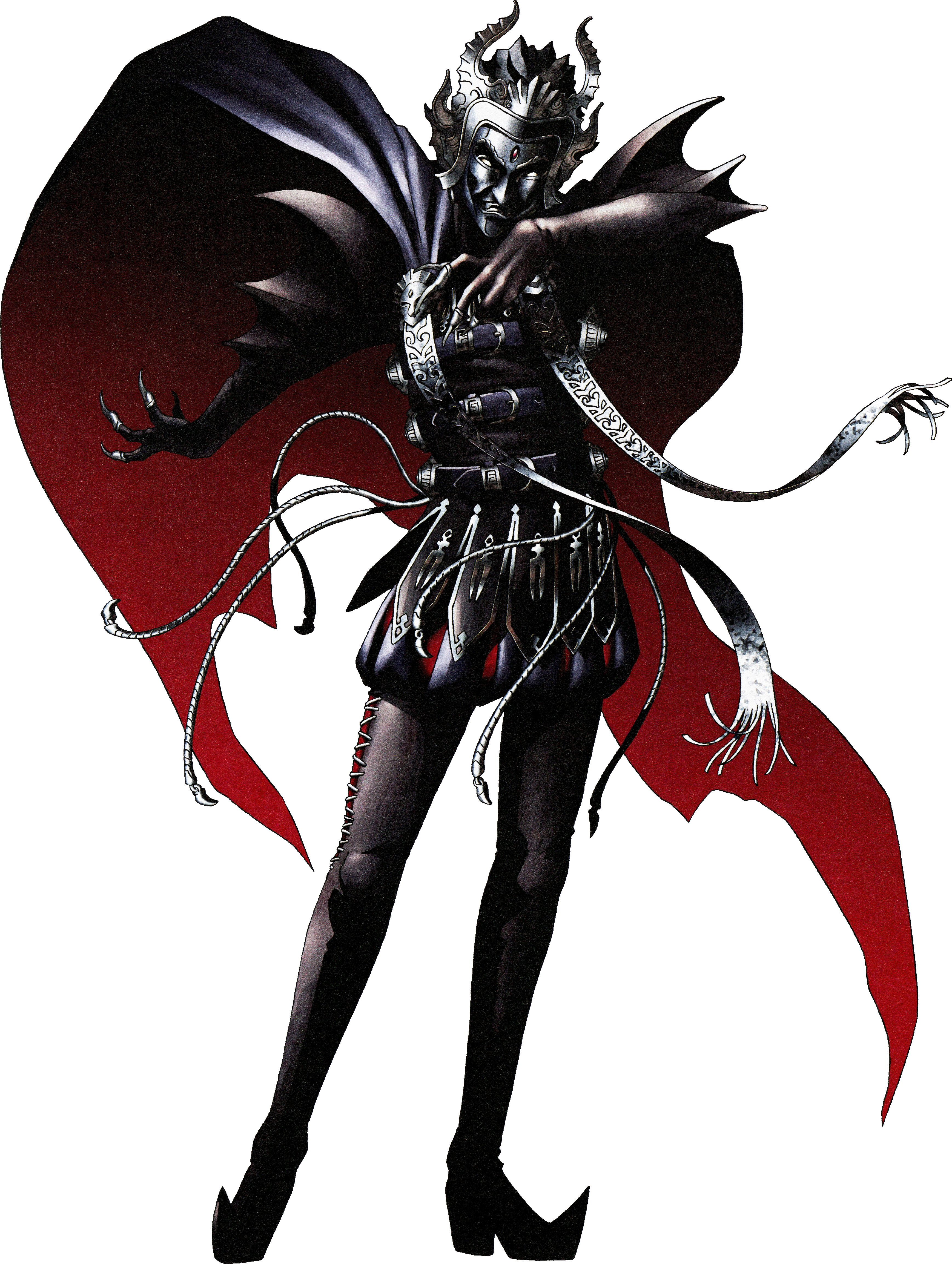 kazuma kaneko, persona, persona 1, absurdres, highres, official art, photoshop (medium), third-party source, 1boy, belt, cape, claws, forehead jewel, horns, male focus, persona (summon), pointy shoes, scowl, shoes, solo, transparent background, vishnu (persona)