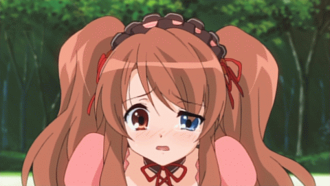 asahina mikuru, suzumiya haruhi no yuuutsu, screencap, animated, animated gif, lowres, official art, 00s, blue eyes, blush, detached collar, dot nose, hair ornament, hair ribbon, heterochromia, neck ribbon, open mouth, outdoors, red eyes, red hair, red ribbon, ribbon, tears, tree, trembling, twintails, upper body