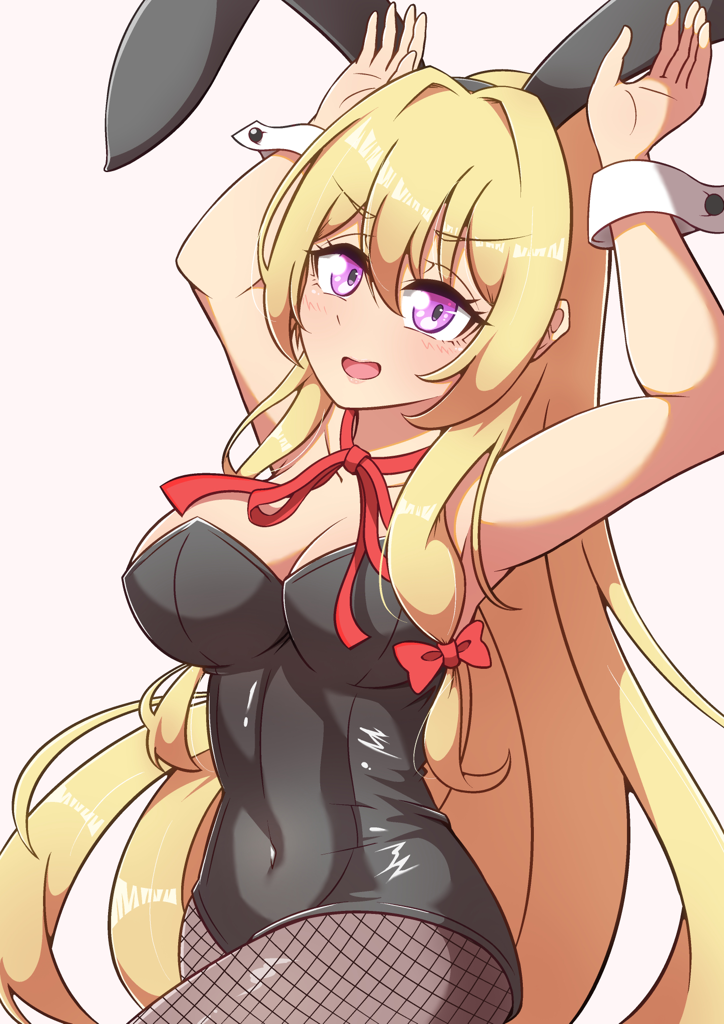 ayuyu yuka03, yakumo yukari, touhou, commentary request, highres, 1girl, animal ears, arms up, black leotard, blonde hair, breasts, brown pantyhose, cleavage, double-parted bangs, fake animal ears, fishnet pantyhose, fishnets, hair between eyes, hair intakes, large breasts, leotard, light blush, long hair, navel, neck ribbon, open mouth, pantyhose, playboy bunny, purple eyes, rabbit ears, rabbit pose, red ribbon, ribbon, simple background, smile, solo, strapless, strapless leotard, upper body, v-shaped eyebrows, very long hair, white background, white wrist cuffs, wrist cuffs