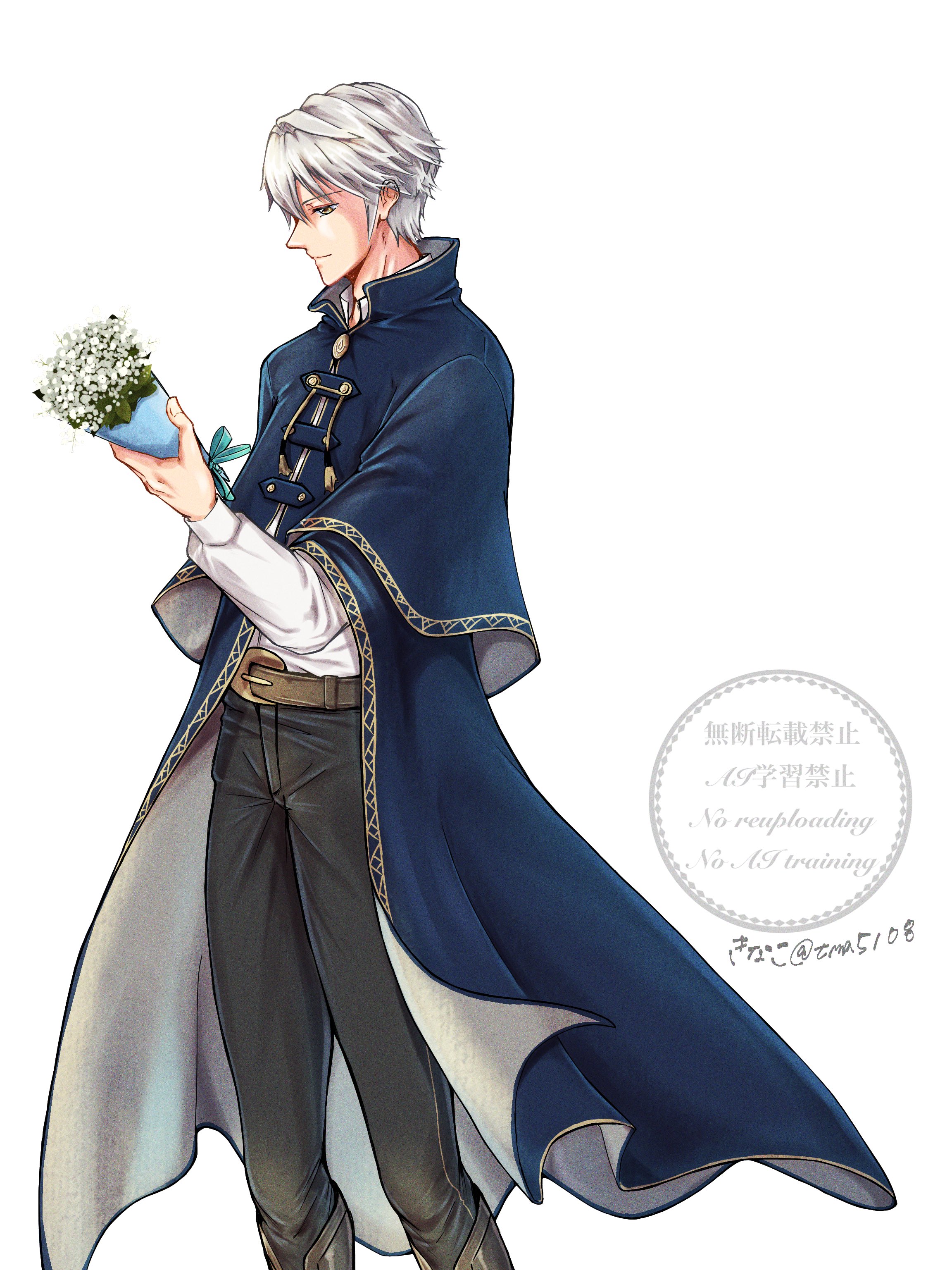 kinako 5108, male robin (fire emblem), fire emblem, fire emblem awakening, nintendo, absurdres, highres, 1boy, belt, black pants, blue cloak, bouquet, brown belt, cloak, closed mouth, flower, holding, holding bouquet, long sleeves, male focus, pants, shirt, short hair, simple background, smile, solo, white background, white hair, white shirt