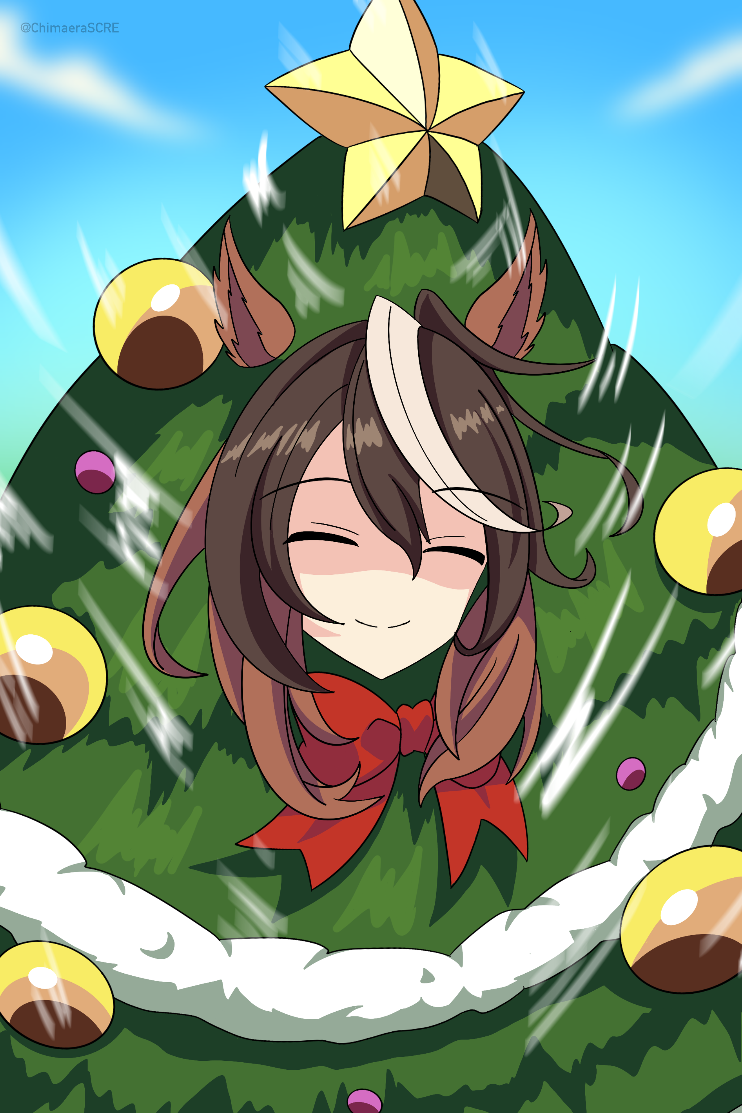 chimaera scre, symboli rudolf (christmas emperor tree) (umamusume), symboli rudolf (umamusume), umamusume, absurdres, highres, 1girl, animal ears, bow, brown hair, christmas ornaments, christmas tree, christmas tree costume, closed eyes, closed mouth, facing viewer, hair between eyes, horse ears, horse girl, long hair, multicolored hair, official alternate costume, red bow, smile, star (symbol), streaked hair, tree costume, white hair
