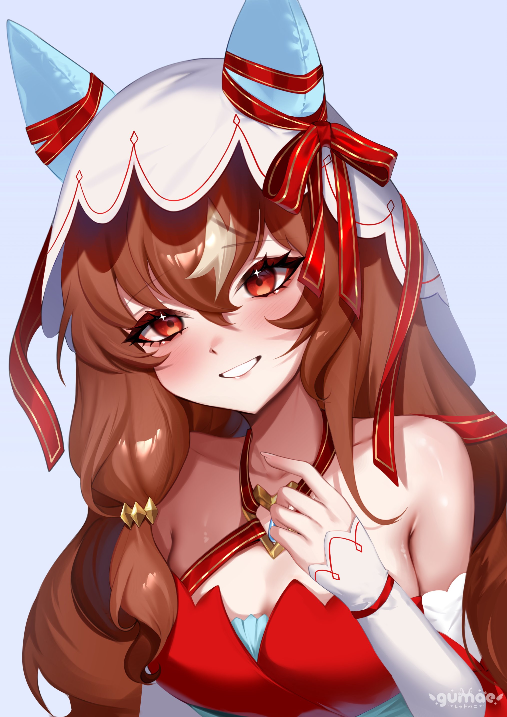 gumae, still in love (scarlet vow raiment) (umamusume), still in love (umamusume), umamusume, absurdres, highres, 1girl, animal ears, bare shoulders, blush, bow, breasts, brown hair, collarbone, detached sleeves, dress, ear covers, ear ribbon, hair between eyes, hair ornament, horse ears, horse girl, long hair, looking at viewer, open mouth, red dress, red eyes, ribbon, smile, solo, teeth, upper body, veil, white streaks, white veil