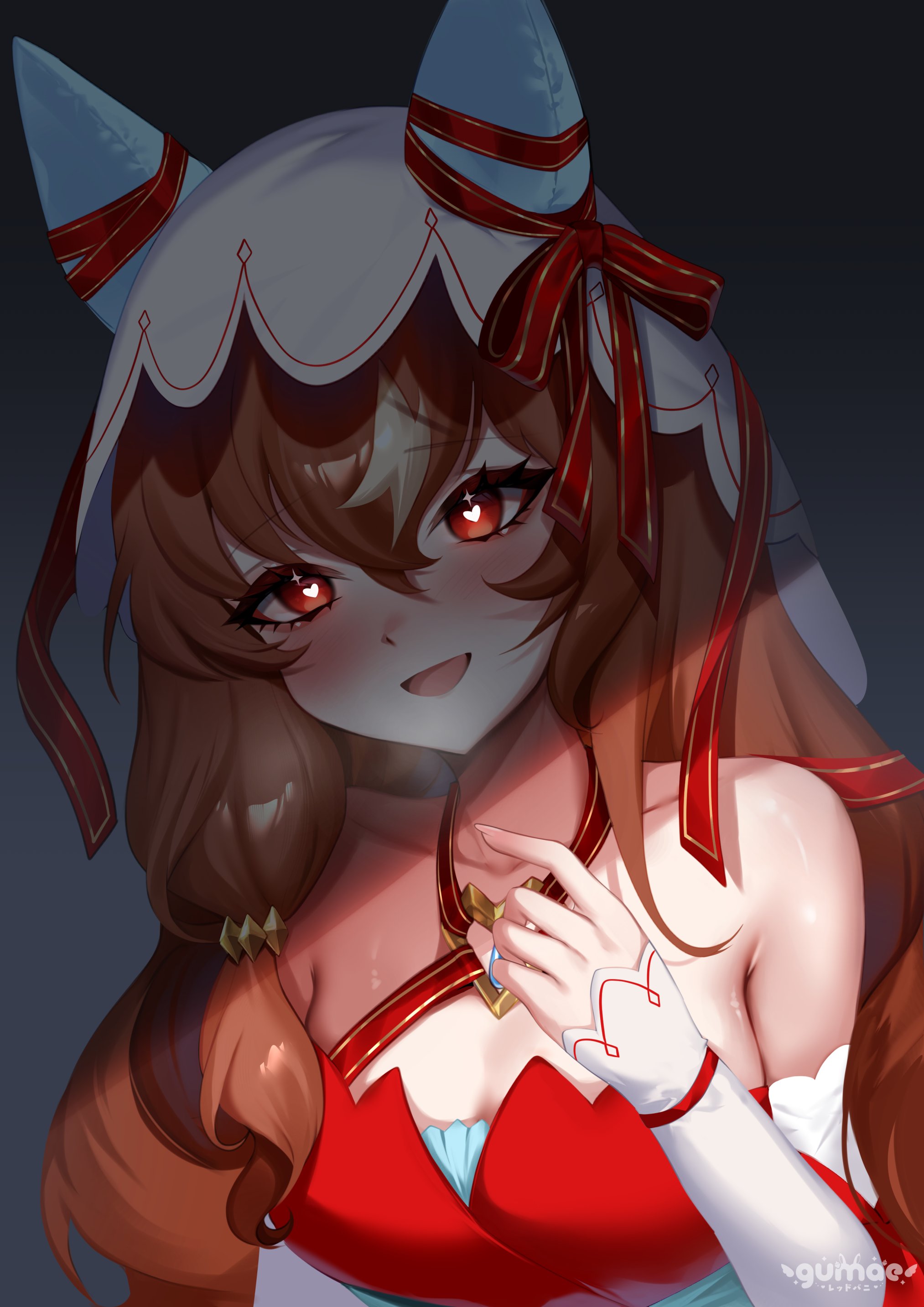 gumae, still in love (scarlet vow raiment) (umamusume), still in love (umamusume), umamusume, absurdres, highres, 1girl, animal ears, bare shoulders, blush, bow, breasts, brown hair, collarbone, detached sleeves, dress, ear covers, ear ribbon, hair between eyes, hair ornament, horse ears, horse girl, long hair, looking at viewer, open mouth, red dress, red eyes, ribbon, shaded face, smile, solo, teeth, upper body, veil, white streaks, white veil
