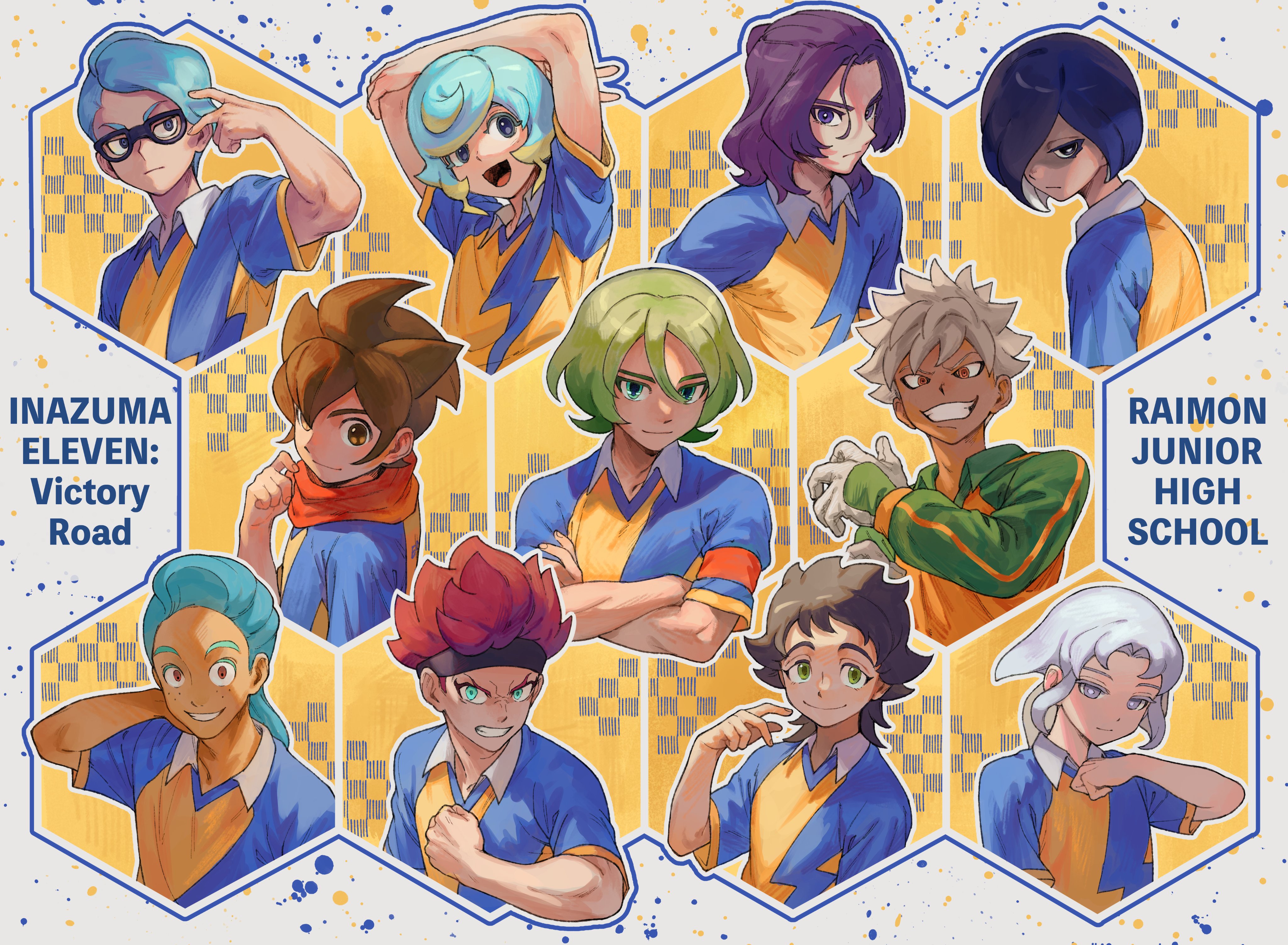 2girls, 6+boys, aqua hair, black hair, blue shirt, crossed arms, dark-skinned male, dark skin, english text, gloves, green eyes, green hair, grey eyes, grey gloves, grey hair, looking at viewer, medium hair, multiple boys, multiple girls, purple hair, shaded face, shirt, two-tone shirt, upper body, yellow shirt