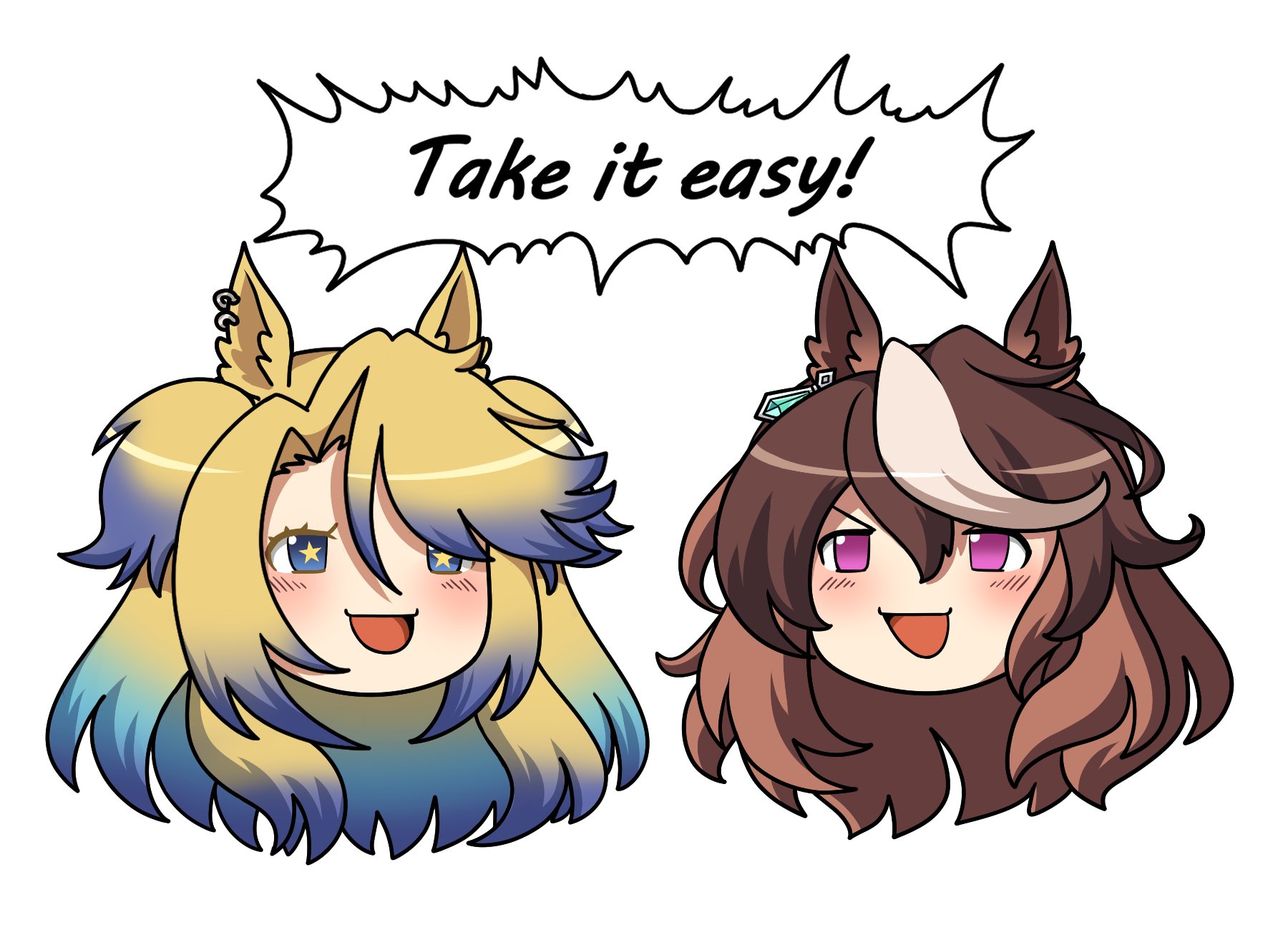 littlecloudie, obey your master (umamusume), symboli rudolf (umamusume), umamusume, umamusume: cinderella gray, highres, 2girls, animal ears, blonde hair, blue eyes, blue hair, blush, brown hair, cropped head, earrings, english text, hair between eyes, horse ears, horse girl, jewelry, long hair, looking at viewer, multicolored hair, multiple girls, open mouth, purple eyes, simple background, single earring, smile, star-shaped pupils, star (symbol), streaked hair, symbol-shaped pupils, two-tone hair, white background, white hair