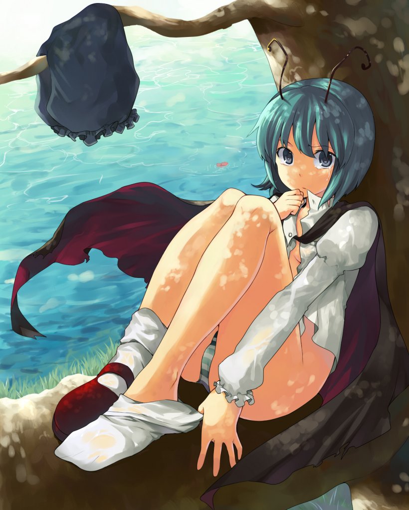 aki (mare desiderii), wriggle nightbug, touhou, 1girl, against tree, antennae, ass, breasts, cape, dappled sunlight, feet, female focus, frown, green eyes, green hair, in tree, juliet sleeves, knees up, legs, long sleeves, looking at viewer, matching hair/eyes, no bra, no pants, open clothes, open shirt, outdoors, panties, pants, pantyshot, puffy sleeves, raised eyebrow, red shoes, shade, shirt, shoes, short hair, single shoe, sitting, small breasts, sock pull, socks, solo, striped clothes, striped panties, sunlight, tears, tree, tree shade, underwear, undressing, unworn pants, water, white shirt, white socks