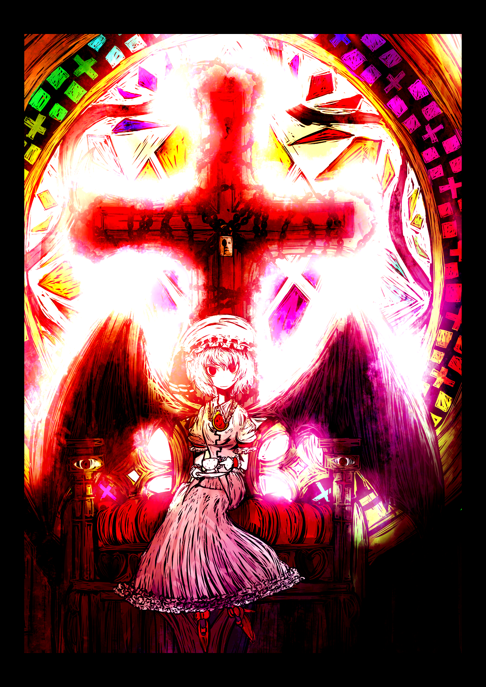 f7(eiki), remilia scarlet, touhou, light, bad id, bad pixiv id, highres, 1girl, bed, bloom, border, chain, cross, cup, dress, female focus, hat, lock, mob cap, solo, stained glass, teacup, teapot, white hat, wings