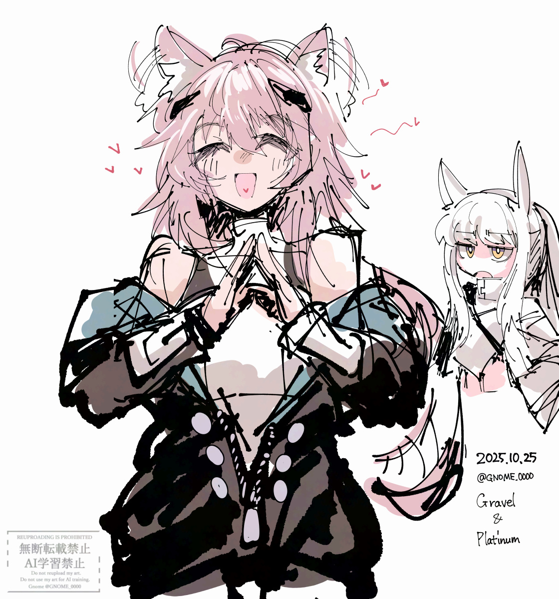 gnome (gnome 0000), gravel (arknights), platinum (arknights), arknights, commentary request, highres, 2girls, animal ear fluff, animal ears, armor, blush, breastplate, closed eyes, cropped torso, dated, hair between eyes, heart, horse ears, horse girl, jacket, long hair, looking at another, motion lines, mouse ears, mouse girl, multiple girls, open mouth, pink hair, simple background, sketch, twitter username, white background, white hair, white jacket, yellow eyes