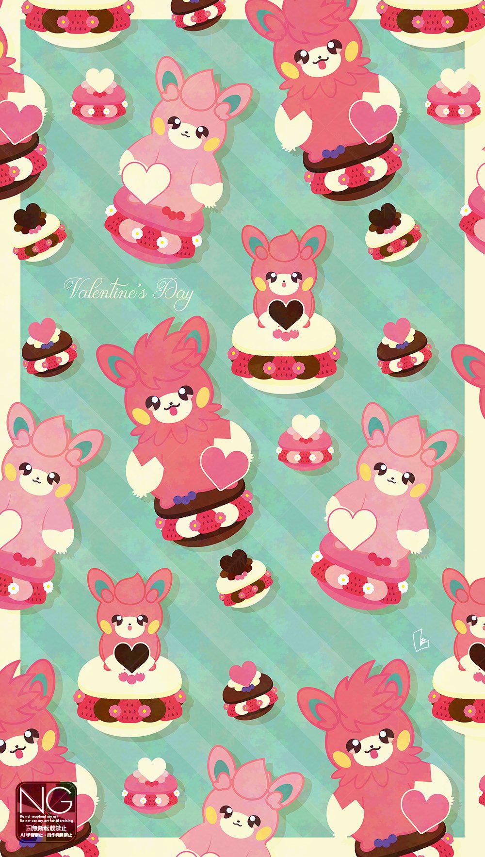 meme (sleepsheep), pawmi, pawmo, pawmot, nintendo, pokemon, highres, alternate color, alternate costume, animal focus, closed mouth, evolutionary line, food, heart, macaron, no humans, pink fur, pokemon (creature), pokemon focus, shiny pokemon, smile, tongue, tongue out