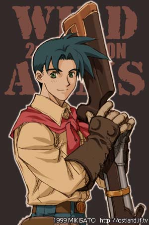 mikisato, ashley winchester, wild arms, wild arms 2, wild arms 2nd ignition, lowres, 1boy, belt, blue hair, blush, denim, gloves, green eyes, gun, jeans, male focus, pants, scarf, short hair, smile, solo, weapon