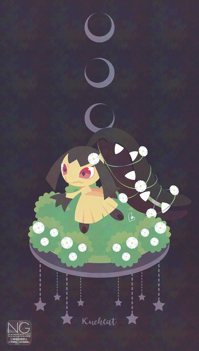 meme (sleepsheep), mawile, nintendo, pokemon, highres, closed mouth, colored skin, crescent moon, extra mouth, flower, full body, gen 3 pokemon, grass, moon, multicolored skin, pokemon (creature), pokemon focus, red eyes, sharp teeth, solo, star (symbol), teeth, two-tone skin, yellow skin