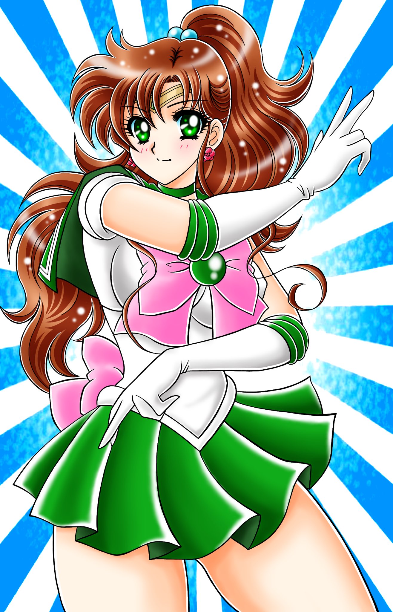 tatsumi kyouhei, sailor jupiter, bishoujo senshi sailor moon, highres, 1girl, blue background, bow, breasts, brown hair, choker, earrings, elbow gloves, gloves, green choker, green eyes, green sailor collar, green skirt, hair bobbles, hair ornament, jewelry, kurumada masami (style), long hair, looking at viewer, magical girl, pink bow, ponytail, sailor collar, sailor senshi uniform, skirt, solo, white gloves