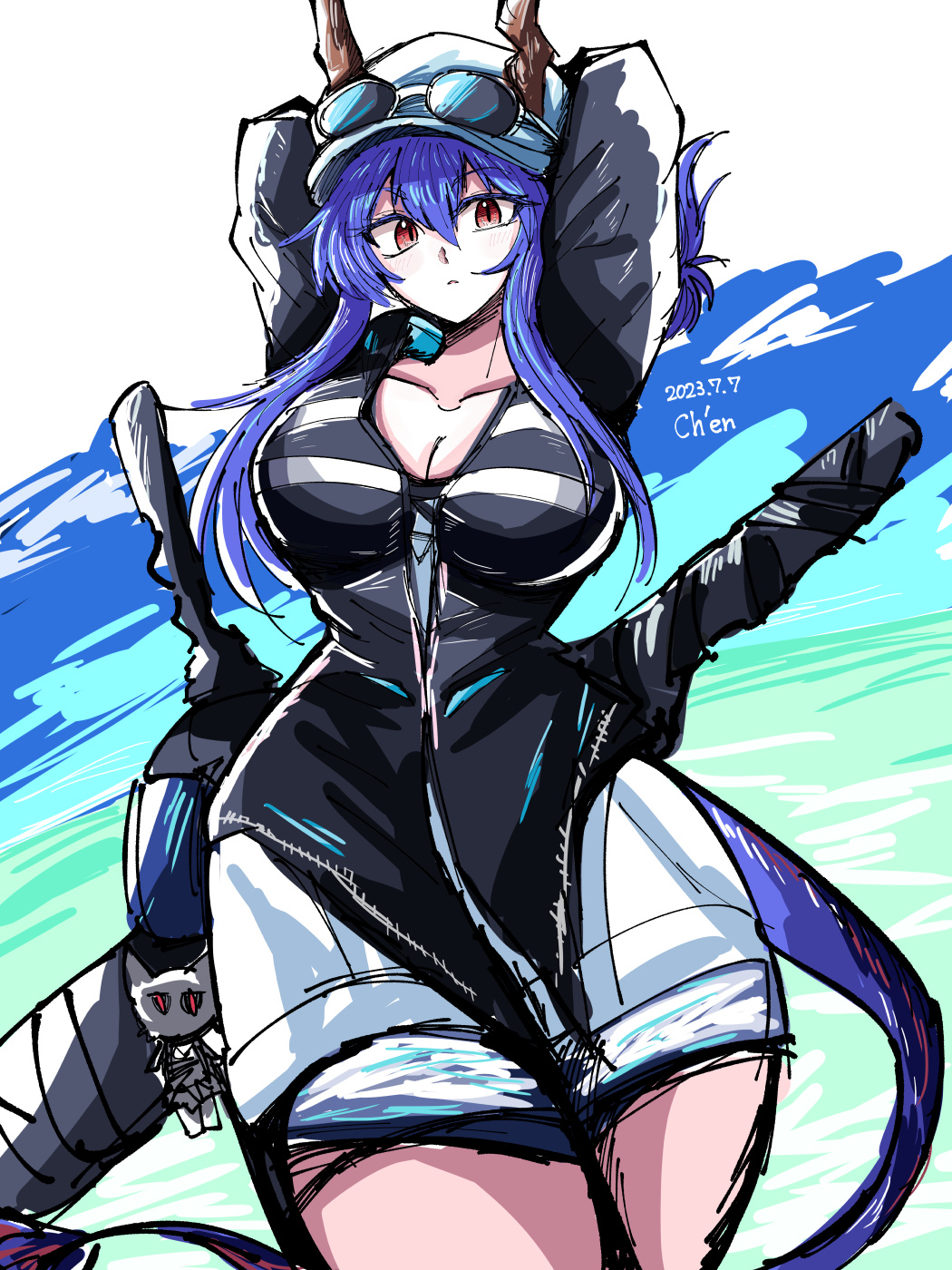 gnome (gnome 0000), ch'en (arknights), ch'en the holungday (arknights), arknights, highres, 1girl, arms behind head, arms up, blue hair, breasts, character name, cleavage, closed mouth, collarbone, cowboy shot, dated, dragon girl, dragon horns, dragon tail, expressionless, eyewear on headwear, hair between eyes, horns, horns through headwear, large breasts, long hair, looking at viewer, official alternate costume, red eyes, shorts, sidelocks, solo, standing, sunglasses, tail