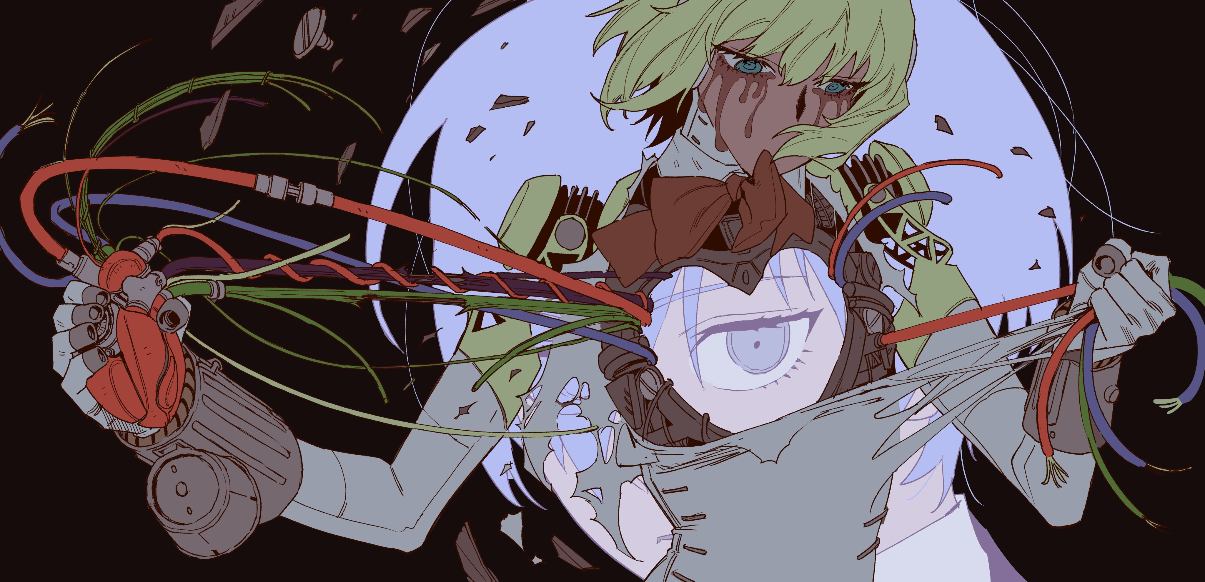 aigis (persona), yuuki makoto (persona 3), persona, persona 3, absurdres, commentary, hashtag-only commentary, highres, 1boy, 1girl, android, aqua eyes, black background, blonde hair, crying, crying with eyes open, heart-shaped hole, heart (organ), holding heart (organ), hole in chest, hole on body, joints, looking down, mechanical arms, neponeponepo0, robot joints, short hair, simple background, tearing clothes, tears, torn clothes, upper body, wire