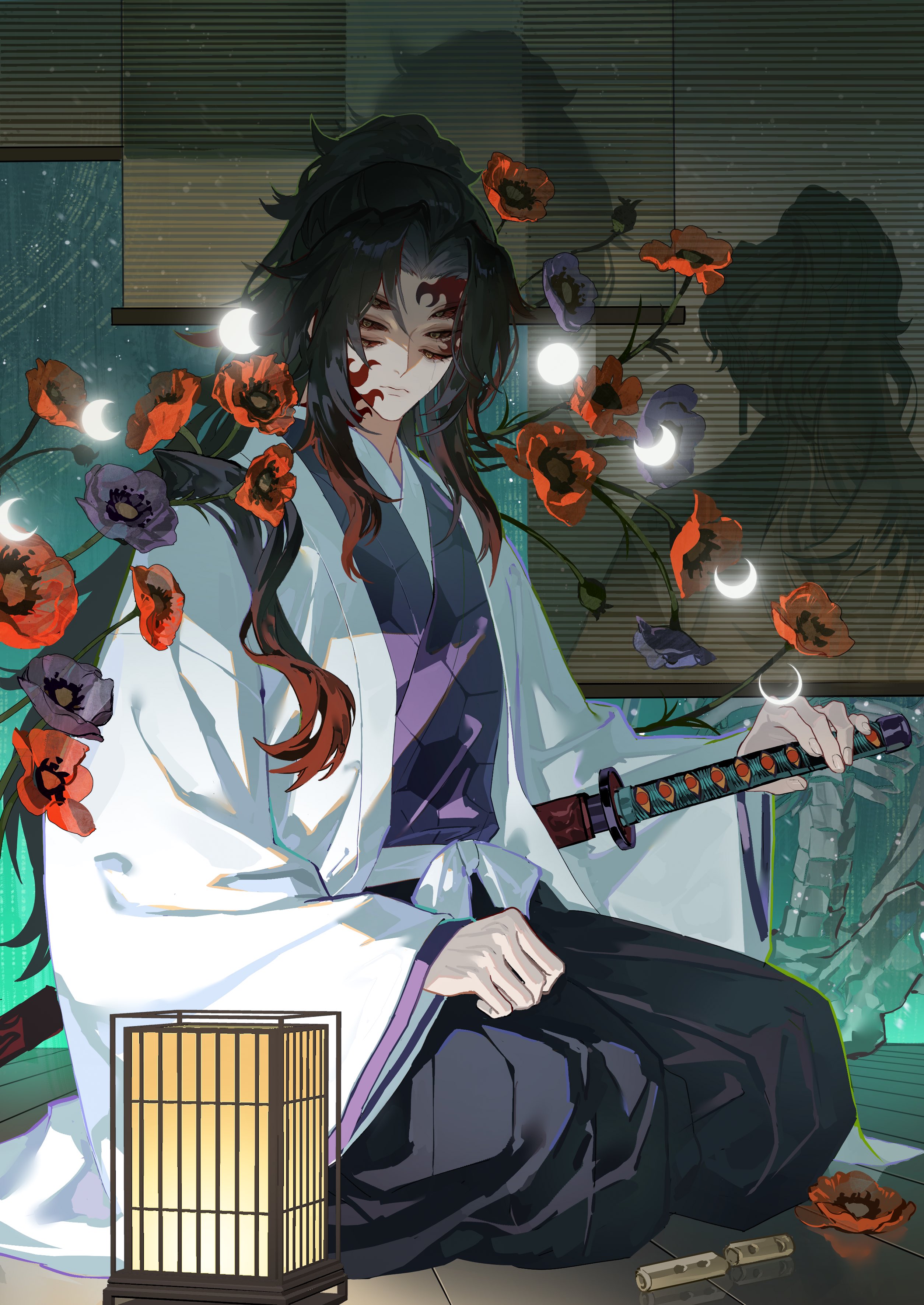 guaisanmu, kokushibou, tsugikuni yoriichi, kimetsu no yaiba, absurdres, highres, 2boys, black hakama, closed mouth, colored sclera, earrings, extra eyes, from behind, hakama, hanafuda earrings, haori, high ponytail, indoors, japanese clothes, jewelry, katana, kimono, male focus, multiple boys, ponytail, purple kimono, red sclera, shadow, sitting, solo, sword, weapon, white haori, wide sleeves, yellow eyes