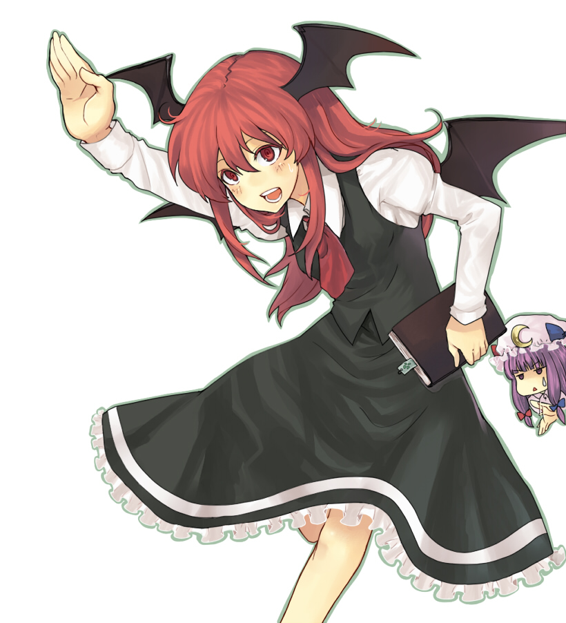 aki (mare desiderii), koakuma, patchouli knowledge, embodiment of scarlet devil, touhou, bad id, bad pixiv id, 2girls, :<, bat wings, book, chibi, chibi inset, female focus, foreshortening, hat, head wings, jitome, long hair, multiple girls, no nose, open mouth, purple eyes, purple hair, red eyes, red hair, salute, simple background, smile, sweatdrop, wings