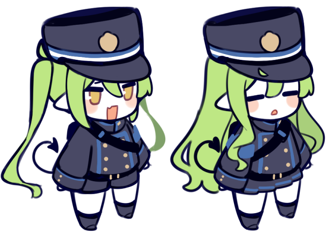 pekeko (pepekekeko), hikari (blue archive), nozomi (blue archive), blue archive, commentary, 2girls, armband, black tail, blue armband, blush, blush stickers, closed eyes, demon tail, expressionless, fang, full body, green hair, hat, long hair, long sleeves, multiple girls, open mouth, pantyhose, peaked cap, pointy ears, siblings, simple background, sisters, skin fang, smile, standing, tail, train conductor, twins, twintails, white background, white pantyhose, yellow eyes