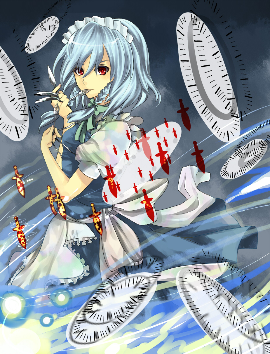 aki (mare desiderii), izayoi sakuya, touhou, silver hair, bad id, bad pixiv id, highres, 1girl, braid, danmaku, female focus, fork, knife, maid, maid headdress, red eyes, short hair, solo, throwing knife, twin braids, weapon