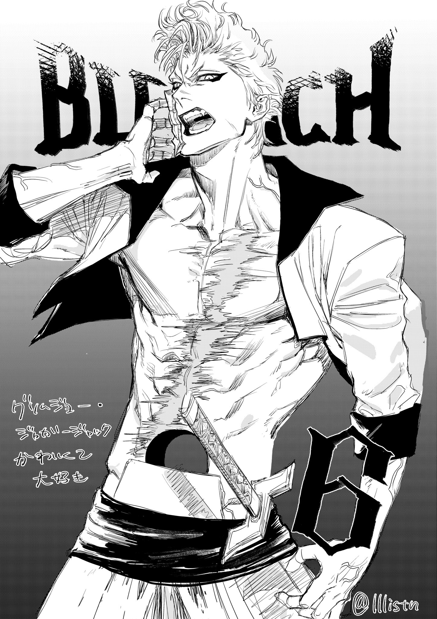 lllistn, grimmjow jaegerjaquez, bleach, highres, translation request, 1boy, abs, arrancar, copyright name, eyeliner, fangs, hole in stomach, hollow mask, makeup, male focus, mask, open mouth, pectorals, scar, scar on chest, short hair, solo, teeth, toned, toned male, twitter username
