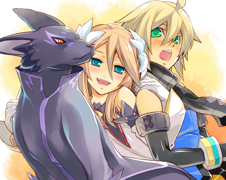 hpa (foolish factory), emil castagnier, marta lualdi, tenebrae (tales), tales of (series), tales of symphonia, tales of symphonia: dawn of the new world, 00s, 1boy, 1girl, blonde hair, blue eyes, brown hair, flower, gloves, green eyes, hair flower, hair ornament, long hair, red eyes, scarf, smile