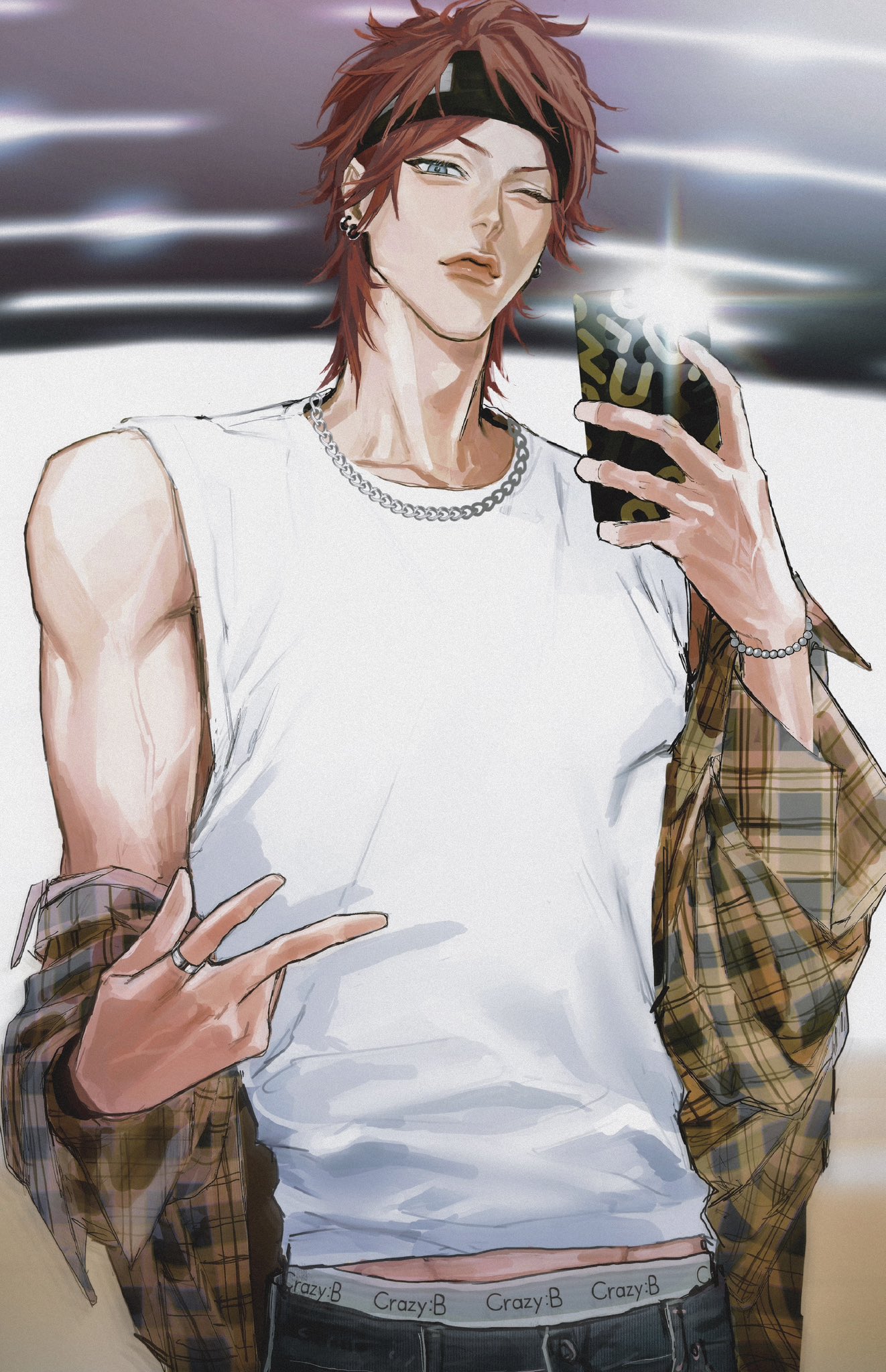 lllistn, amagi rinne, ensemble stars!, commentary request, highres, 1boy, black headband, blue eyes, bracelet, cellphone, chain, chain necklace, closed mouth, clothes down, earrings, headband, holding, holding phone, jewelry, lips, looking at viewer, male focus, male underwear, male underwear peek, midriff peek, mirror selfie, necklace, nose, one eye closed, pants, pearl bracelet, phone, red hair, ring, selfie, shirt, short hair, sleeveless, sleeveless shirt, smartphone, solo, underwear, v, white shirt