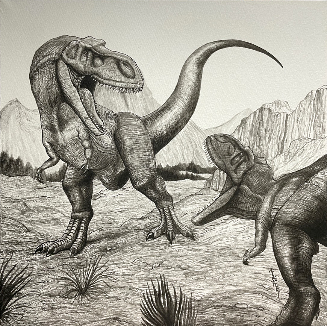 original, commentary, commentary request, english commentary, mixed-language commentary, animal focus, day, dinosaur, greyscale, gyolome club, monochrome, no humans, outdoors, tyrannosaurus rex