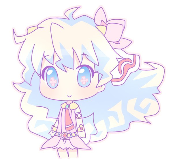 mirai (sugar), nia teppelin, tengen toppa gurren lagann, bad id, bad pixiv id, 00s, 1girl, blue eyes, blush, chibi, dress, female focus, full body, long hair, looking at viewer, pink dress, simple background, skirt, smile, solo, tareme, white background, white hair