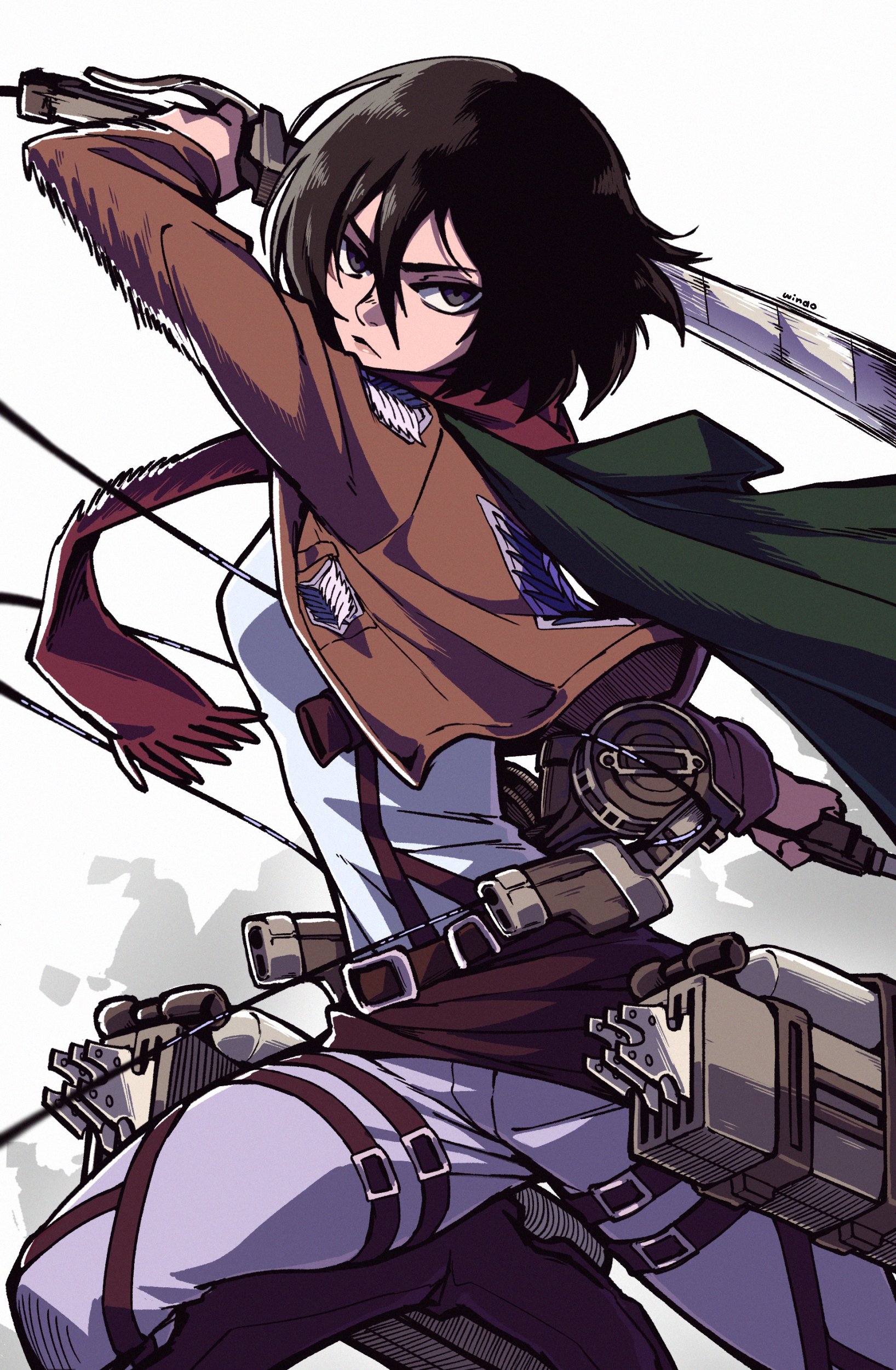 windiwindo, mikasa ackerman, shingeki no kyojin, absurdres, hashtag-only commentary, highres, 1girl, arm up, belt, belt buckle, black hair, brown jacket, buckle, closed mouth, fighting stance, grey eyes, grey pants, hair between eyes, holding, holding weapon, jacket, long sleeves, looking at viewer, open clothes, open jacket, pants, paradis military uniform, red scarf, scarf, shirt, short hair, solo, survey corps (emblem), thigh strap, three-dimensional maneuver gear, weapon, white shirt