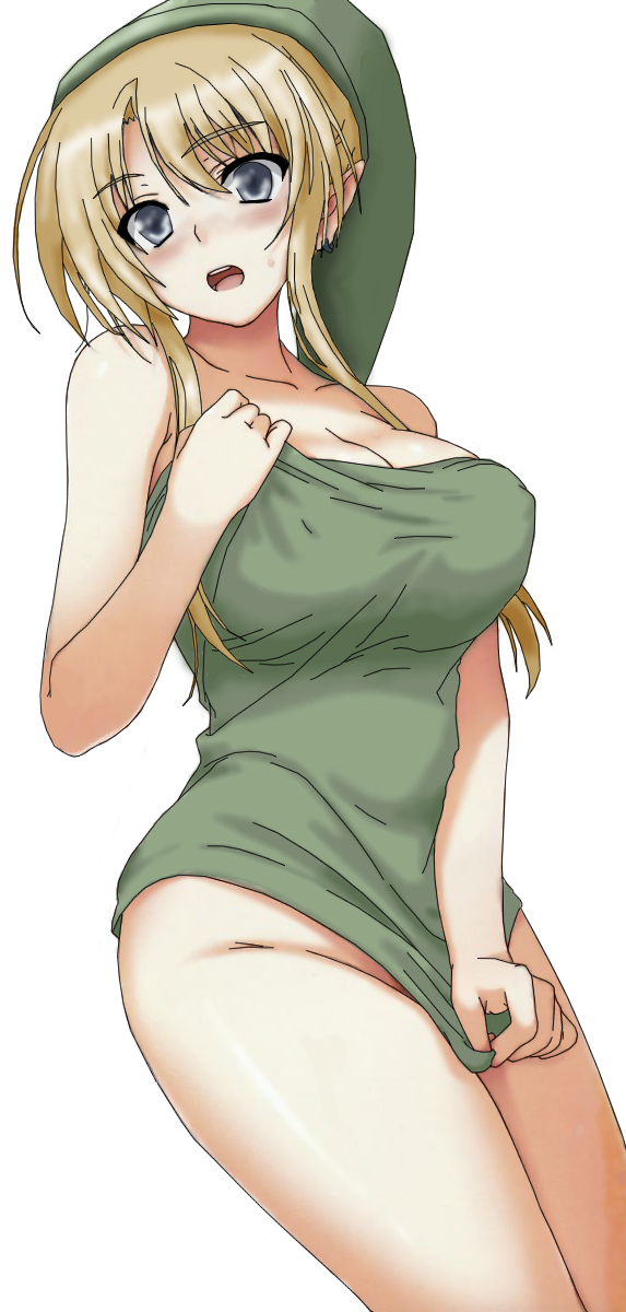 link, nintendo, the legend of zelda, highres, 1girl, blonde hair, blush, breasts, cleavage, earrings, elf, female focus, genderswap, genderswap (mtf), green eyes, jewelry, large breasts, long hair, no panties, pointy ears, solo