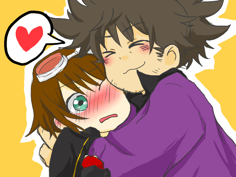 yamagata naoya, raven (tales), rita mordio, tales of (series), tales of vesperia, 00s, 1boy, 1girl, black hair, blush, bob cut, brown hair, gloves, goggles, green eyes, hetero, hug, ponytail, smile