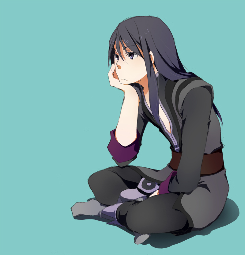 yoshida nishi, yuri lowell, tales of (series), tales of vesperia, 00s, 1boy, aqua background, black eyes, black hair, boots, bored, full body, grey boots, head rest, knee boots, long hair, male focus, simple background, sitting, sleeves rolled up, solo
