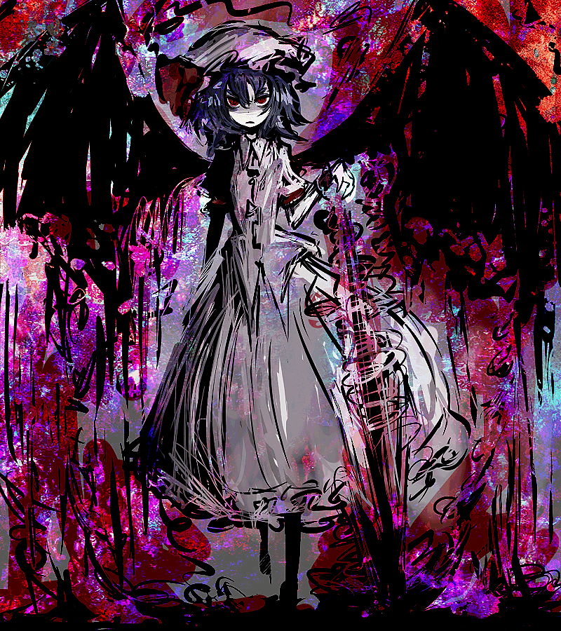 f7(eiki), remilia scarlet, touhou, bad id, bad pixiv id, 1girl, dress, female focus, polearm, red eyes, solo, spear, spear the gungnir, walking, weapon, wings