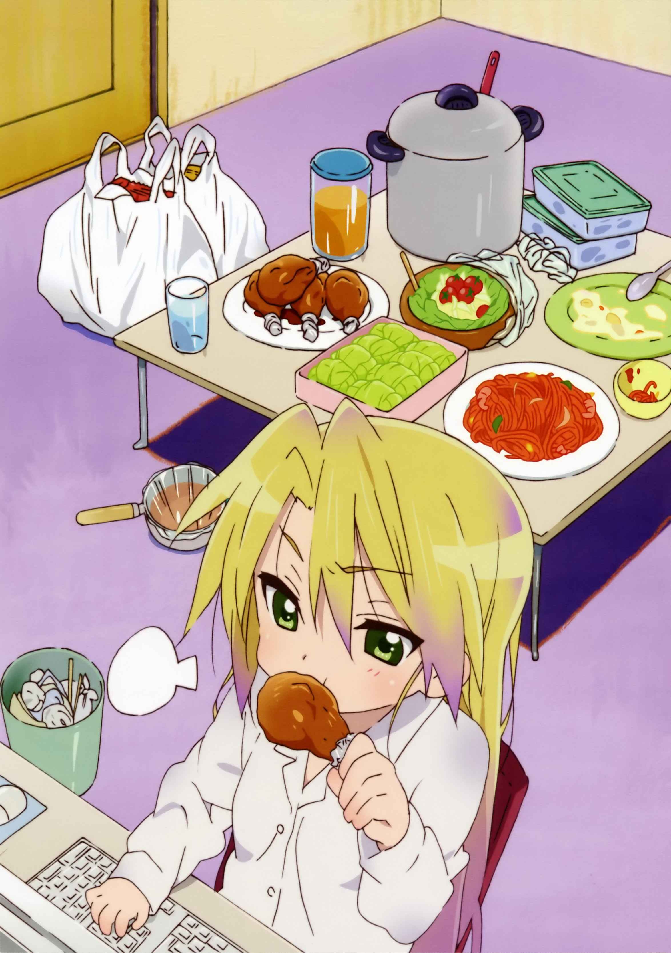 kuroi nanako, lucky star, absurdres, highres, 00s, 1girl, blonde hair, computer, computer keyboard, eating, feast, female focus, green eyes, groceries, indoors, lonely, multicolored hair, solo, tsurime