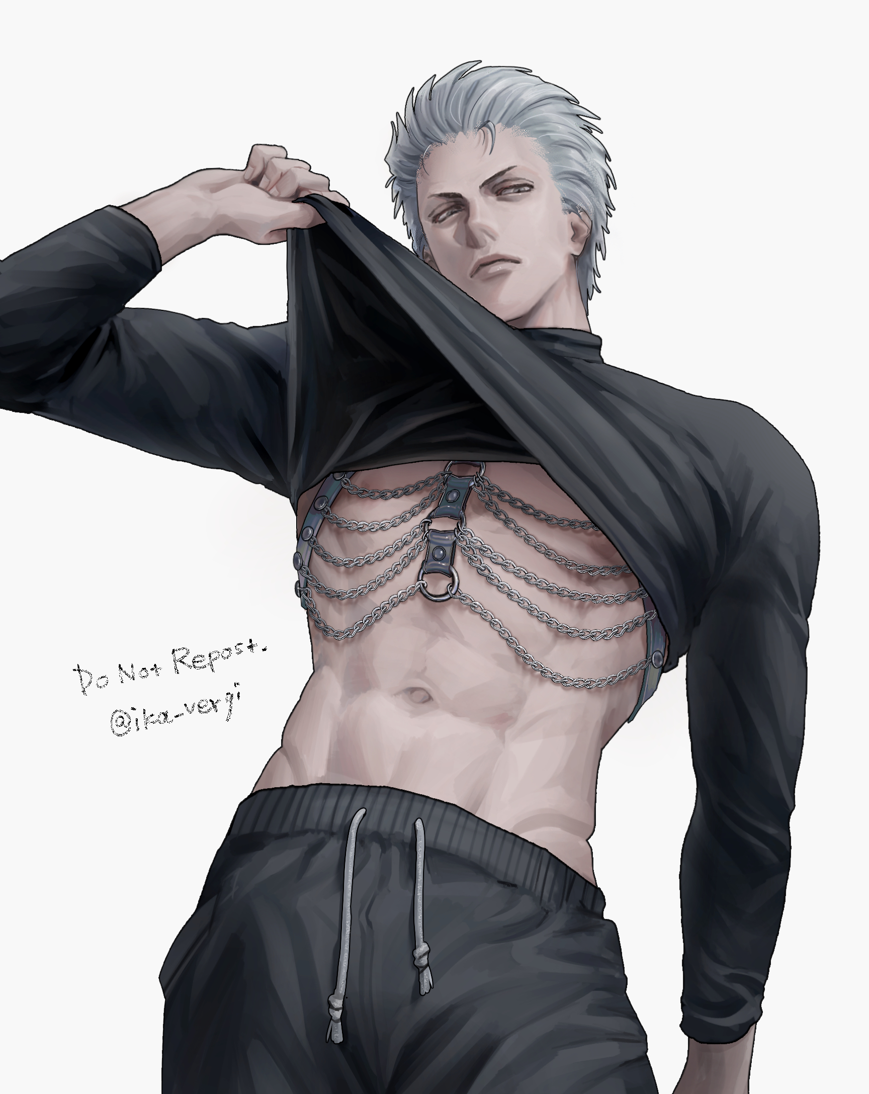 ika vergi, vergil (devil may cry), devil may cry (series), devil may cry 5, commentary request, highres, 1boy, abs, bare pectorals, black pants, black shirt, closed mouth, clothes lift, contrapposto, grey background, grey hair, groin, long sleeves, looking to the side, male focus, navel, nipples, pants, pectorals, shirt, shirt lift, short hair, sideways glance, simple background, solo, sweatpants, toned, toned male, turtleneck, twitter username