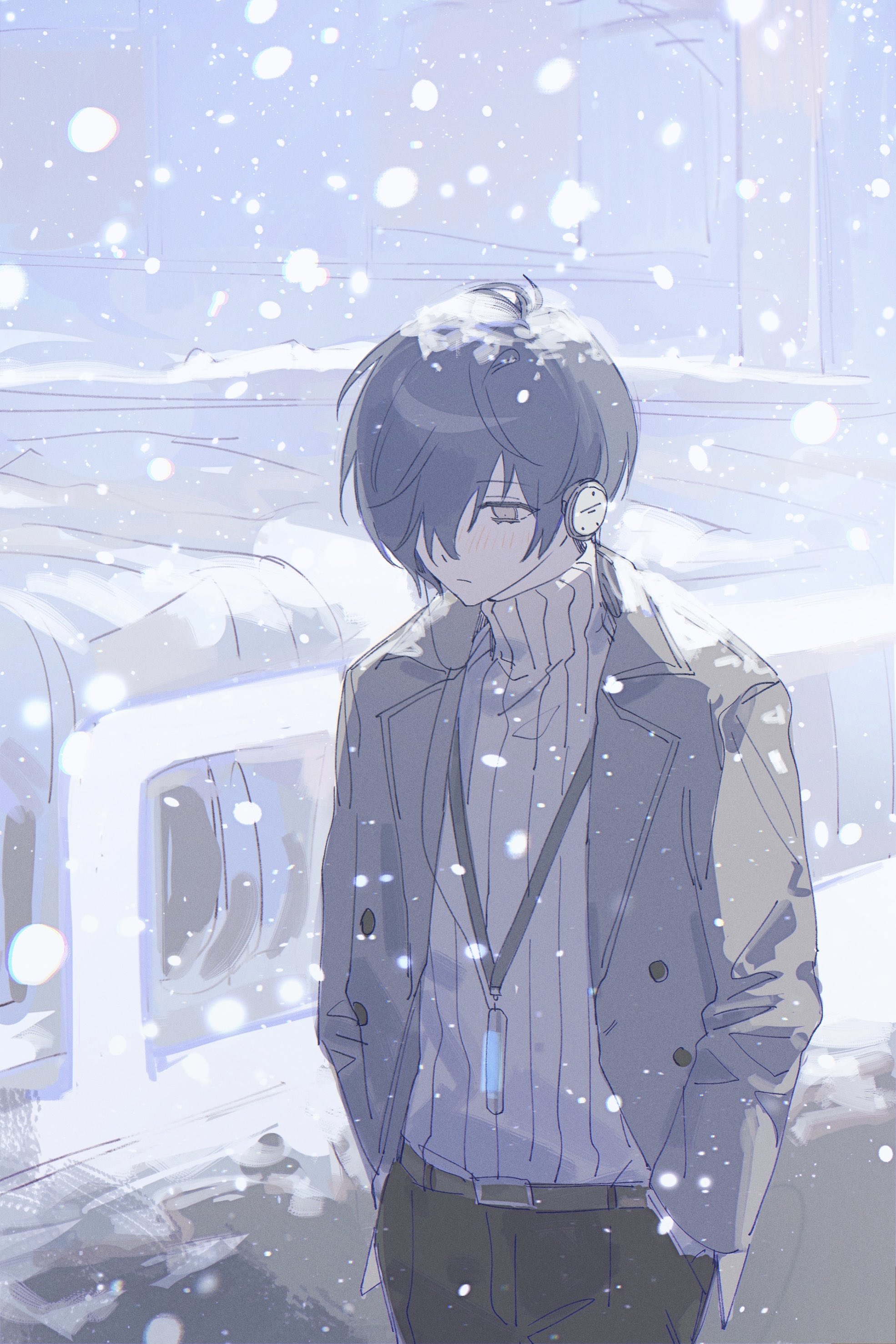 yuuki makoto (persona 3), persona, persona 3, absurdres, highres, 1boy, antenna hair, belt, blue hair, blush, brown belt, brown pants, clar sona, closed mouth, cowboy shot, digital walkman, earphones, frown, grey eyes, grey jacket, hair over one eye, hands in pockets, jacket, looking down, male focus, mp3 player, one eye covered, open clothes, open jacket, outdoors, pants, railing, ribbed sweater, short hair, snow, snowing, solo, sweater, turtleneck, turtleneck sweater, walking, walkman nw-s203f, white sweater, winter, winter clothes